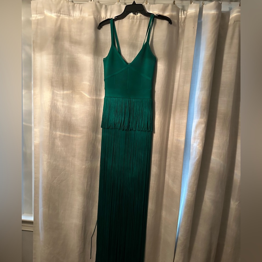 Herve Leger Green Strappy Ottoman Fringe Gown - Picture 2 of 8